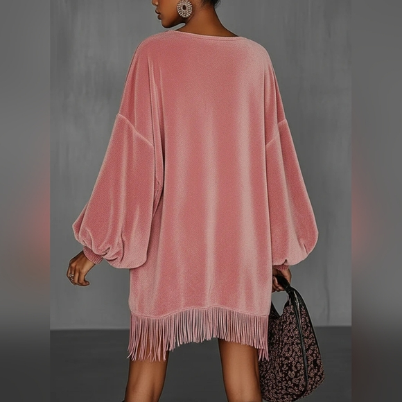 Velvet Pink Balloon Sleeve Fringe Boho Mini Dress | PRE-ORDER - Picture 2 of 4